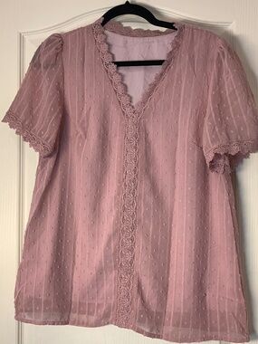 Romantic Cottagecore Blush Pink Lace Blouse‎ Swiss Dot Sheer Sleeves Size S